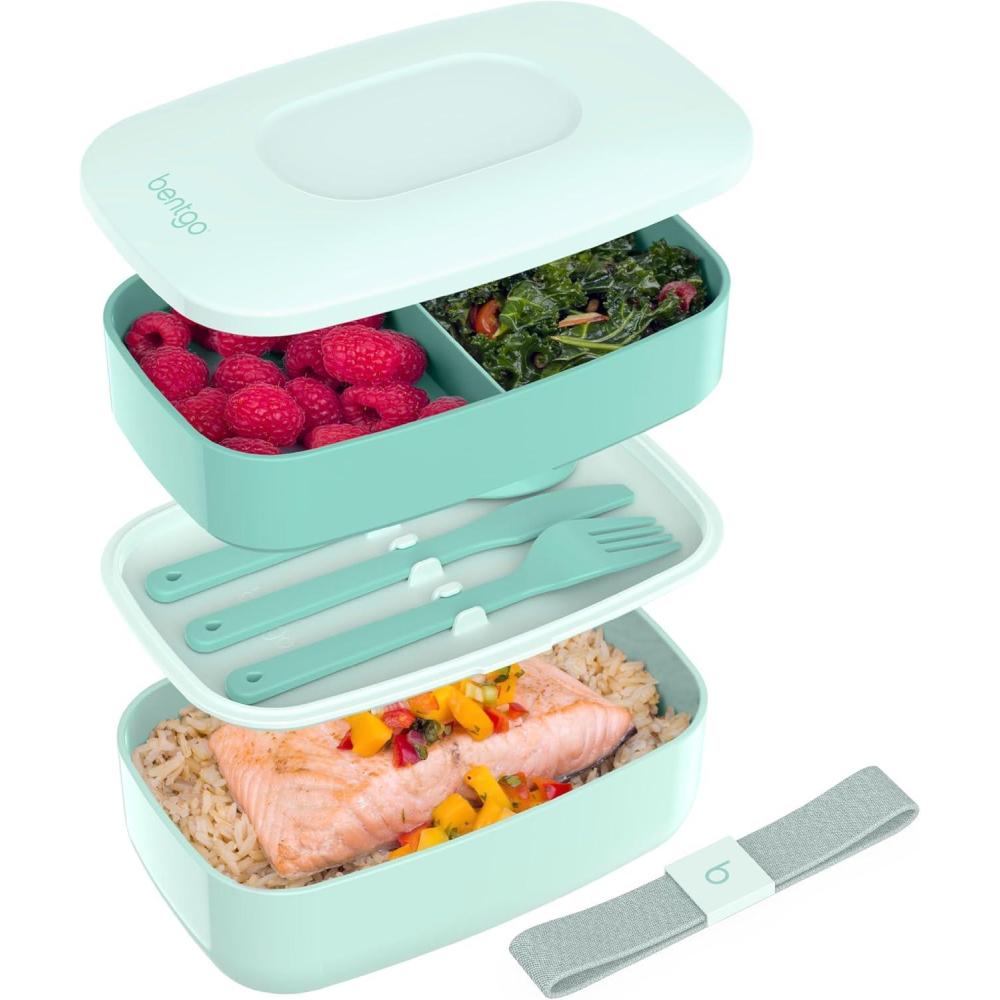 imageBentgo Classic  Adult Bento Box Stackable 3Compartment Lunch Box with Removable Utensil Set and Sealing Strap BPAFree Food Container Ideal for Meal Prep Work and On the Go BlueCoastal Aqua