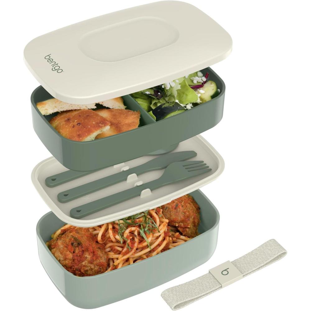 imageBentgo Classic  Adult Bento Box Stackable 3Compartment Lunch Box with Removable Utensil Set and Sealing Strap BPAFree Food Container Ideal for Meal Prep Work and On the Go BlueKhaki Green