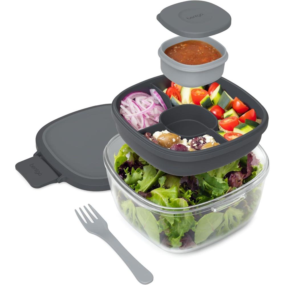 imageBentgo Glass AllinOne Salad Container  Large 61oz Salad Bowl with Lid 4Compartment BentoStyle Tray 3oz Sauce Container and Reusable Fork  Dishwasher Microwave and Oven Safe LavenderDark Gray
