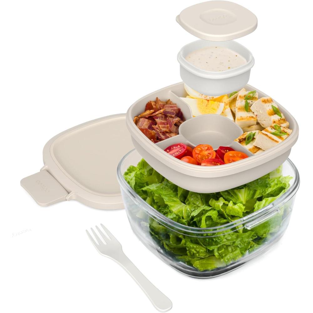 imageBentgo Glass AllinOne Salad Container  Large 61oz Salad Bowl with Lid 4Compartment BentoStyle Tray 3oz Sauce Container and Reusable Fork  Dishwasher Microwave and Oven Safe LavenderWhite Stone Tan