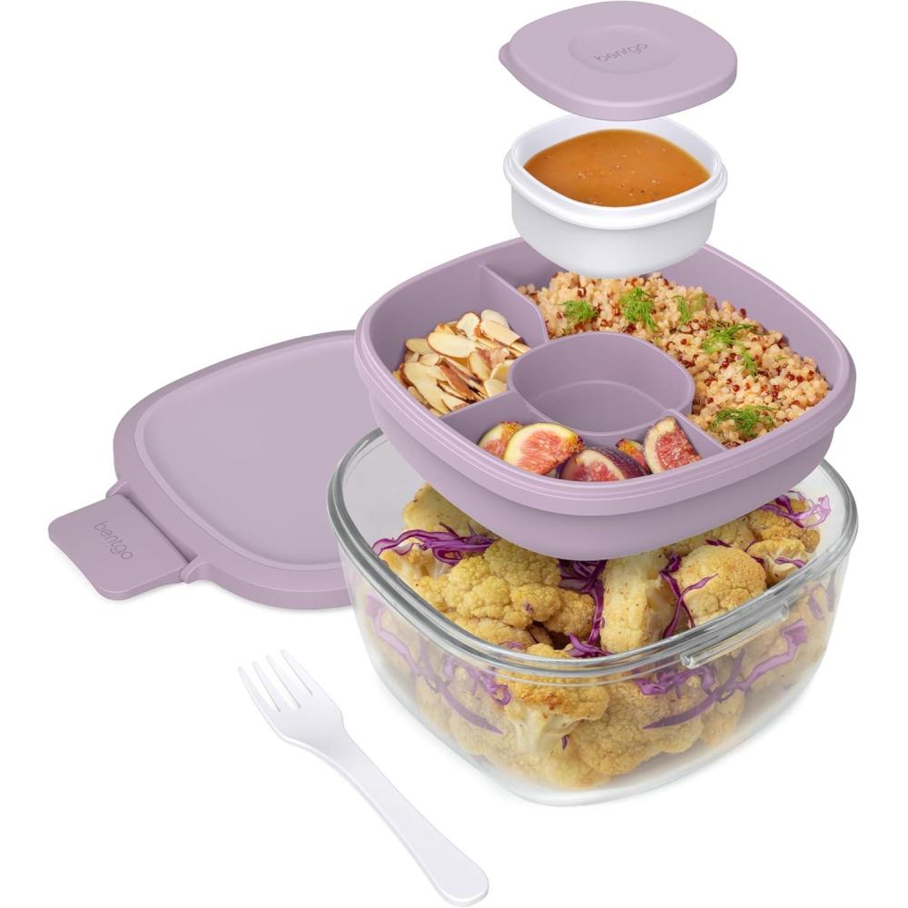 imageBentgo Glass AllinOne Salad Container  Large 61oz Salad Bowl with Lid 4Compartment BentoStyle Tray 3oz Sauce Container and Reusable Fork  Dishwasher Microwave and Oven Safe LavenderLavender