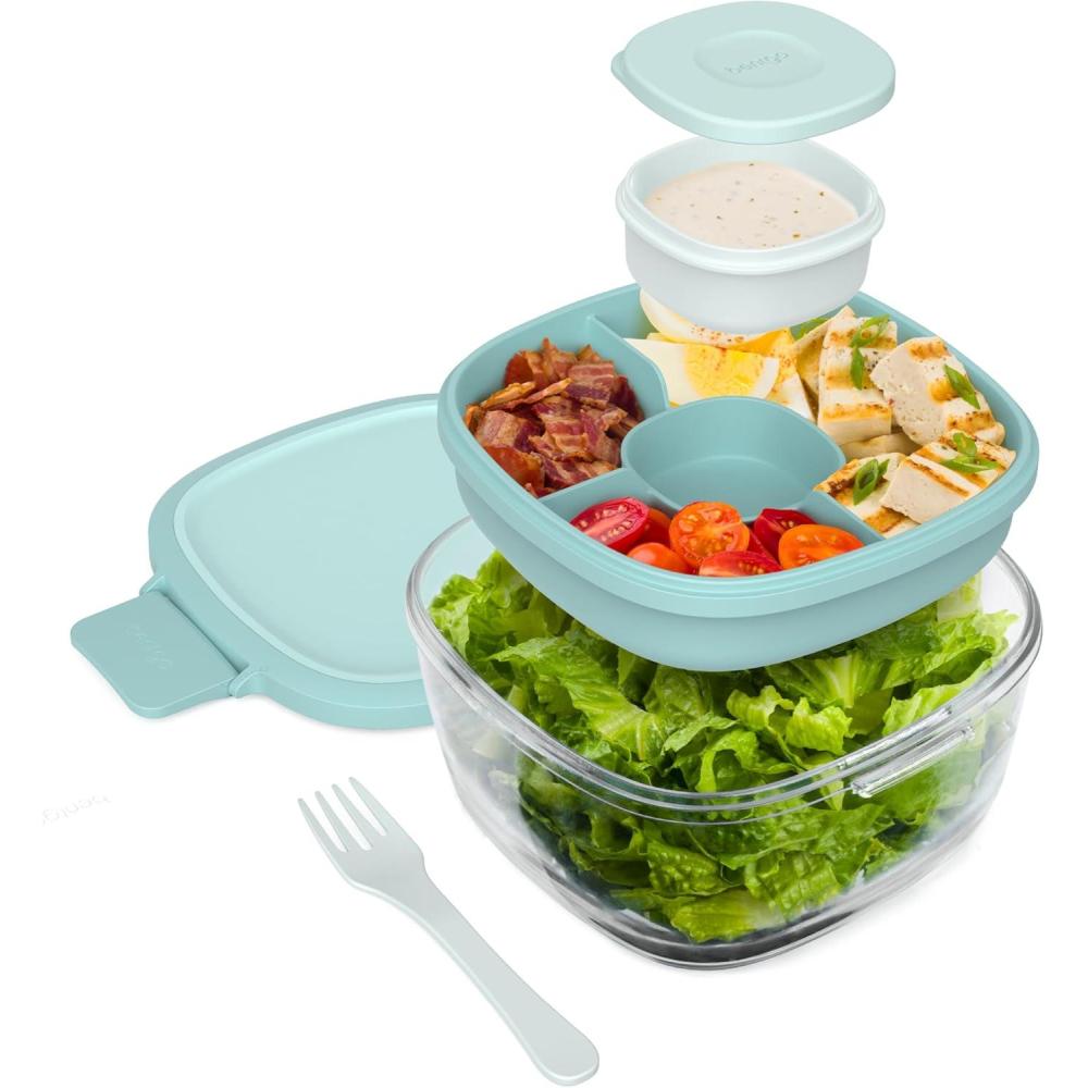 imageBentgo Glass AllinOne Salad Container  Large 61oz Salad Bowl with Lid 4Compartment BentoStyle Tray 3oz Sauce Container and Reusable Fork  Dishwasher Microwave and Oven Safe LavenderCoastal Seaglass