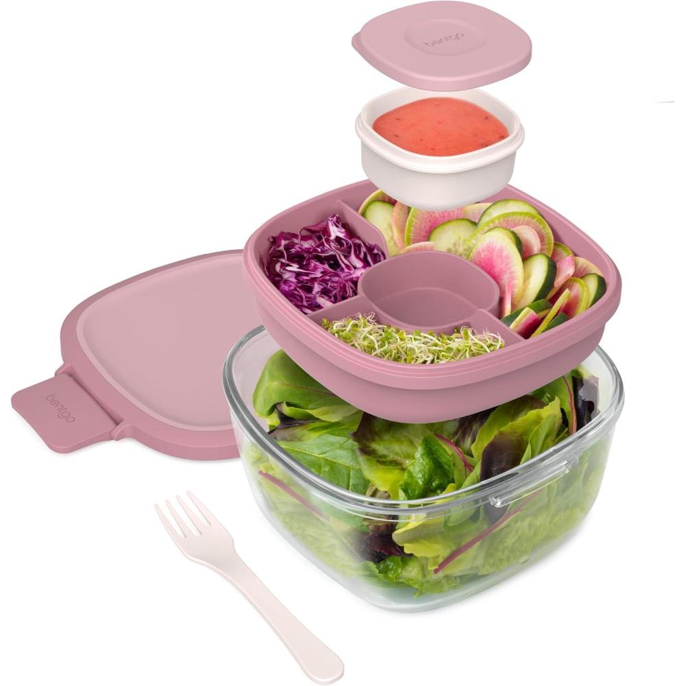 imageBentgo Glass AllinOne Salad Container  Large 61oz Salad Bowl with Lid 4Compartment BentoStyle Tray 3oz Sauce Container and Reusable Fork  Dishwasher Microwave and Oven Safe LavenderRose