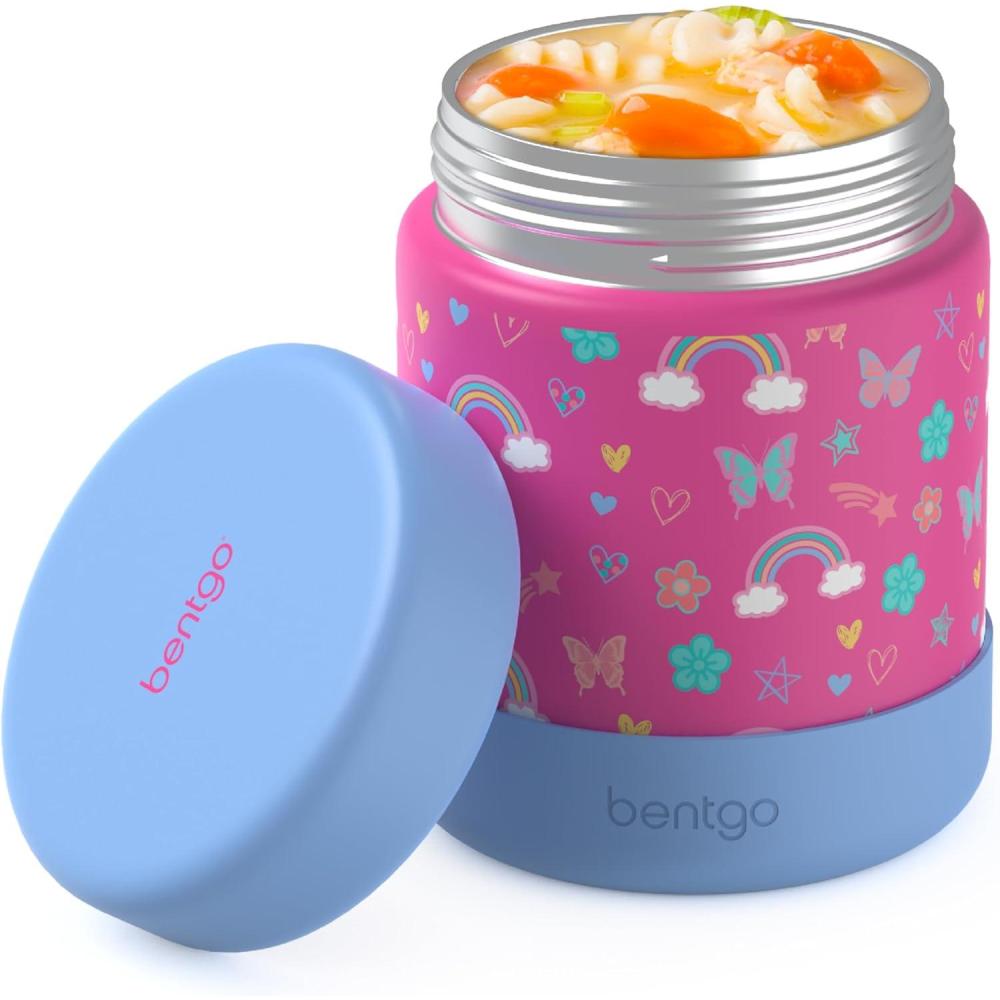 imageBentgo Kids Stainless Steel Food Jar  11oz LeakProof Double Insulated Hot or Cold Food Container with Removable Silicone Bumper Dishwasher Safe Easy Open Lid Ages 3 DinosaurRainbows and Butterflies