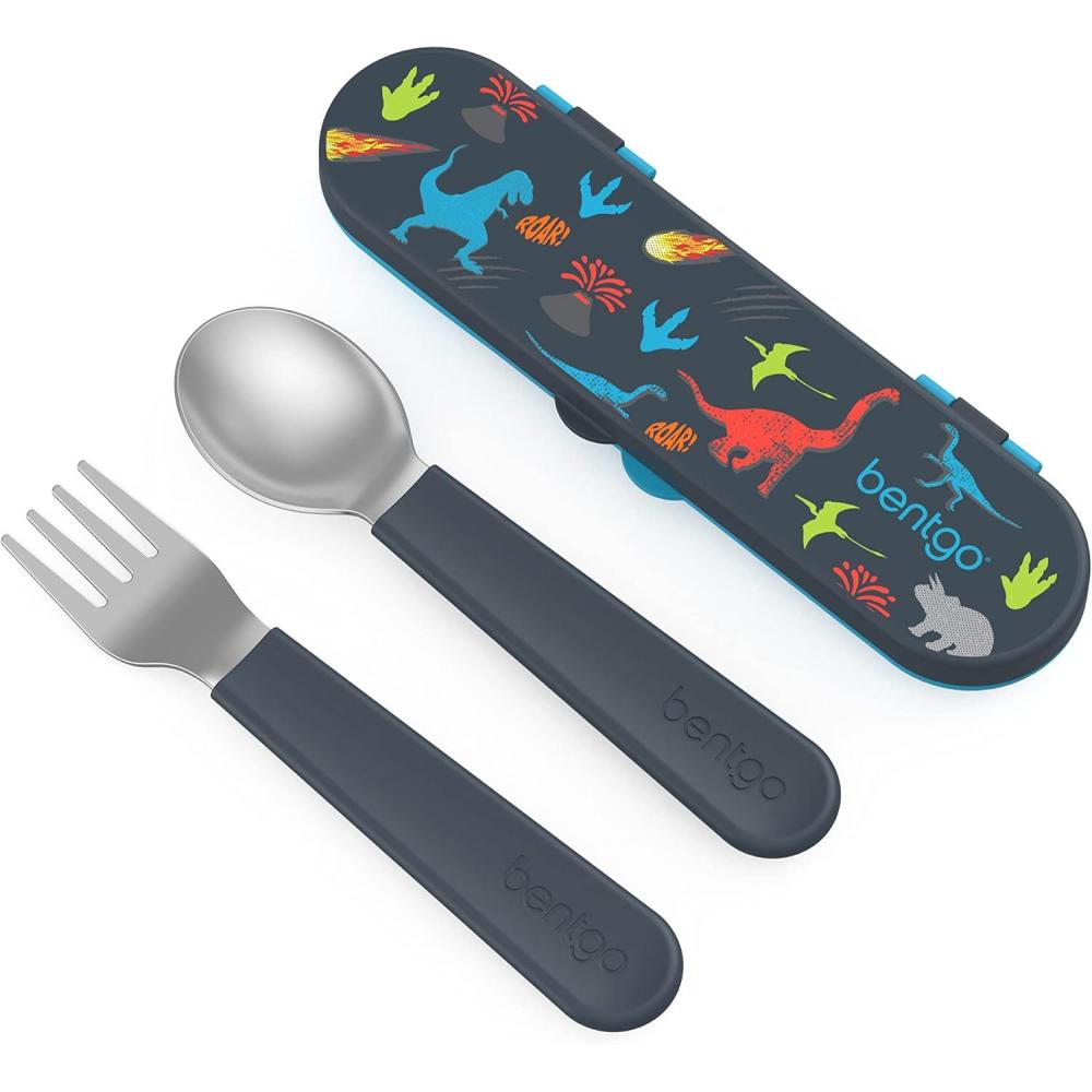 imageBentgo Kids Stainless Steel Utensil Set  Reusable Fork Spoon ampamp Storage Case  HighGrade BPAFree Stainless Steel EasyGrip Handles Dishwasher Safe for School Lunch Travel ampamp Outdoors DinosaurDino