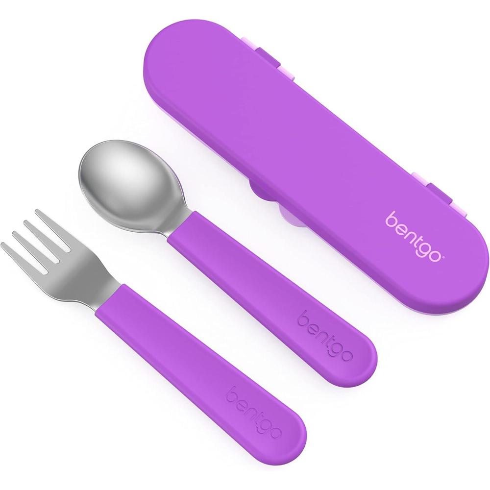 imageBentgo Kids Stainless Steel Utensil Set  Reusable Fork Spoon ampamp Storage Case  HighGrade BPAFree Stainless Steel EasyGrip Handles Dishwasher Safe for School Lunch Travel ampamp Outdoors DinosaurPurple