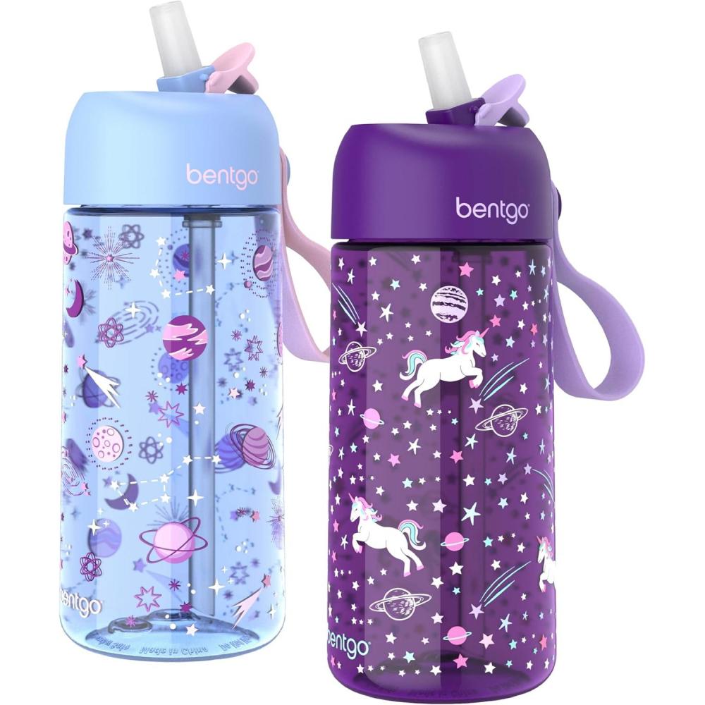 imageBentgo Kids Water Bottle 2Pack  LeakProof Durable Tritan BPAFree 15 oz Cup for KidsToddlers 3 FlipUp Straw Dishwasher Safe for SchoolSportsDaycareCamp Rainbows ampamp ButterfliesFairiesUnicorn  Lavender Galaxy
