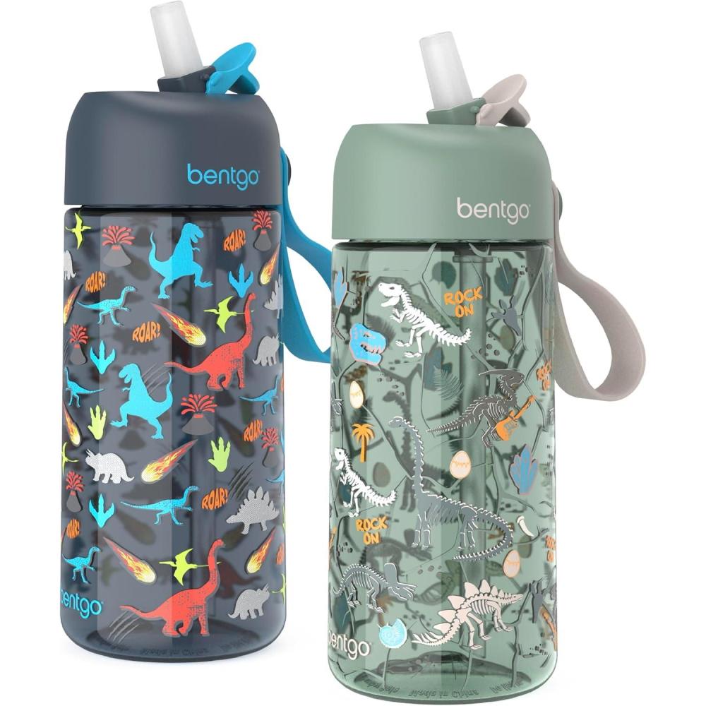 imageBentgo Kids Water Bottle 2Pack  LeakProof Durable Tritan BPAFree 15 oz Cup for KidsToddlers 3 FlipUp Straw Dishwasher Safe for SchoolSportsDaycareCamp Rainbows ampamp ButterfliesFairiesDinosaur  Dino Fossils