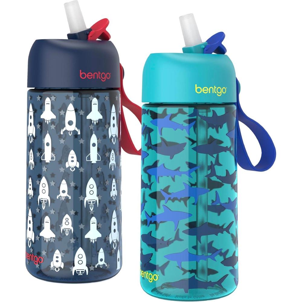 imageBentgo Kids Water Bottle 2Pack  LeakProof Durable Tritan BPAFree 15 oz Cup for KidsToddlers 3 FlipUp Straw Dishwasher Safe for SchoolSportsDaycareCamp Rainbows ampamp ButterfliesFairiesRocket  Shark