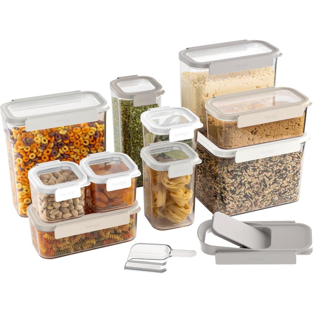imageBentgo Pantry  22Piece Airtight Food Storage Containers Clear and Stackable Kitchen and Pantry Organization Set Locking Lids for Freshness Bonus Cereal Lid ampamp Scoop BPAFree Plastic White StoneWhite Stone