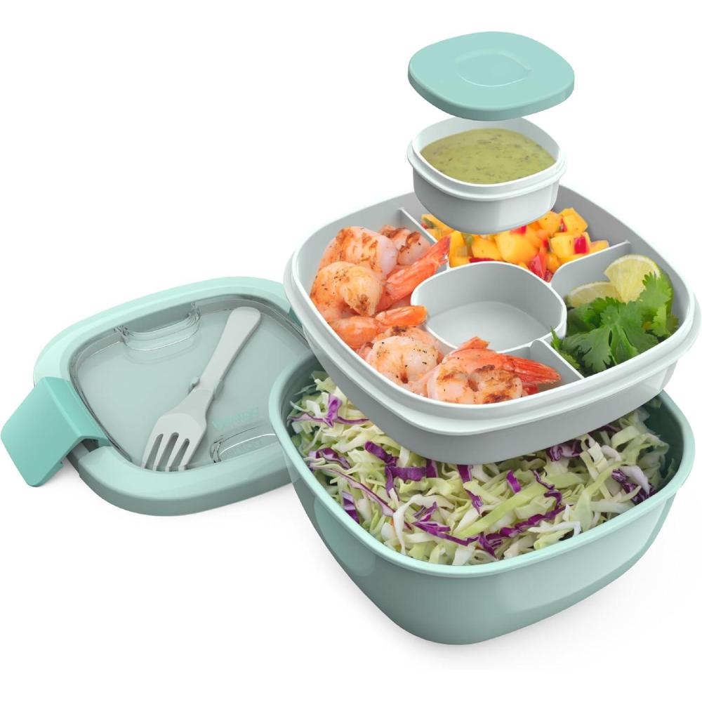 imageBentgo Salad Container  54 oz Bowl with 4Compartment Toppings Tray LeakProof Dressing Container Reusable Fork BPAFree Lunch Box for Meal Prep ampamp Food Storage Removable Bento Tray Coastal AquaCoastal Aqua