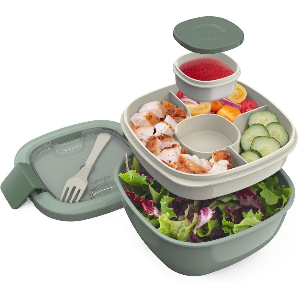 imageBentgo Salad Container  54 oz Bowl with 4Compartment Toppings Tray LeakProof Dressing Container Reusable Fork BPAFree Lunch Box for Meal Prep ampamp Food Storage Removable Bento Tray Coastal AquaKhaki Green