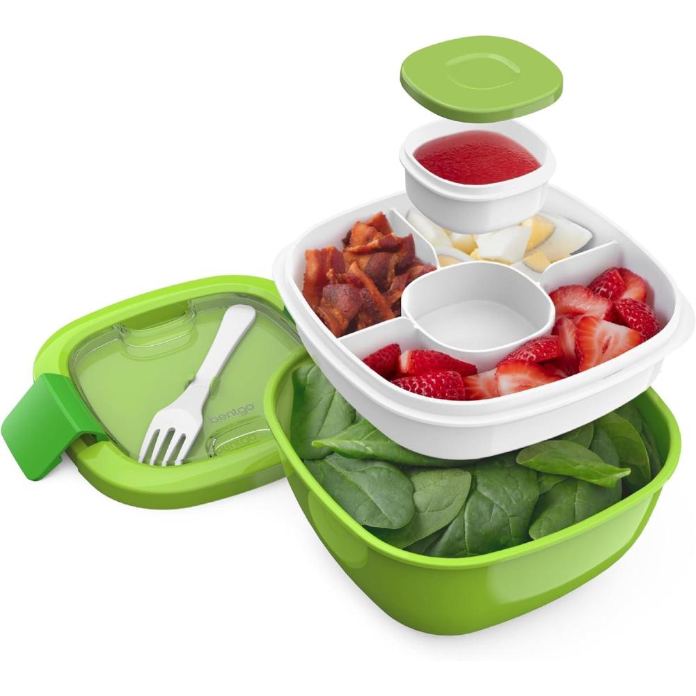 imageBentgo Salad Container  54 oz Bowl with 4Compartment Toppings Tray LeakProof Dressing Container Reusable Fork BPAFree Lunch Box for Meal Prep ampamp Food Storage Removable Bento Tray Coastal AquaGreen