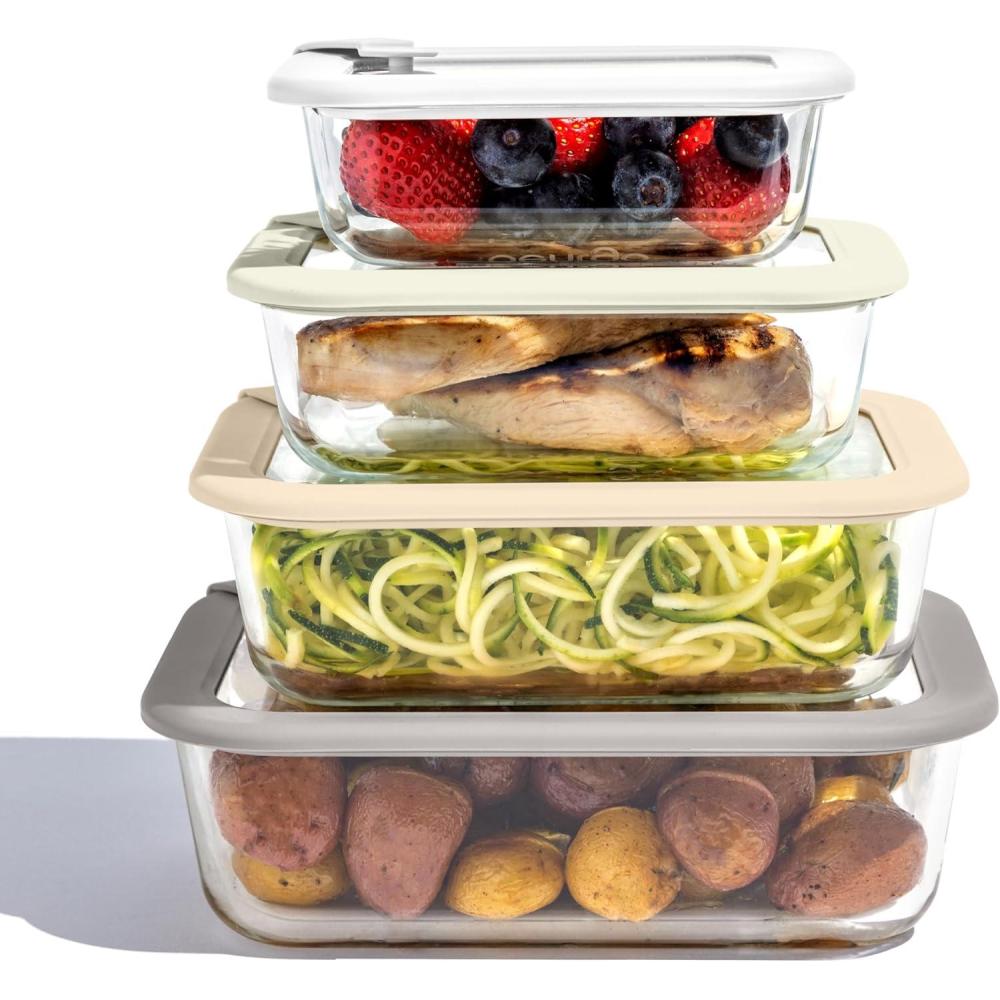 imageBentgo Signature LeakProof Glass Food Storage  8Piece Set 1Compartment PlasticFree Containers with Airtight Glass Lids BPAFree Microwave Freezer Oven ampamp Dishwasher Safe White StoneWhite Stone