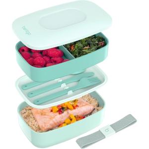 imageBentgo Classic  Adult Bento Box Stackable 3Compartment Lunch Box with Removable Utensil Set and Sealing Strap BPAFree Food Container Ideal for Meal Prep Work and On the Go BlueCoastal Aqua