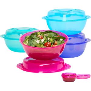 imageBentgo Easyboxes SaladtoGo Containers  8Piece Set 4 Bowls LeakProof Dressing Cups BuiltIn ampamp 4 Fitted Lids Seal in Freshness ReusableBPAFree for Salad Pasta ampamp Cereal Jewel BrightsJewel Brights