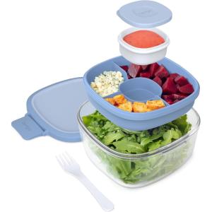imageBentgo Glass AllinOne Salad Container  Large 61oz Salad Bowl with Lid 4Compartment BentoStyle Tray 3oz Sauce Container and Reusable Fork  Dishwasher Microwave and Oven Safe LavenderLight Blue