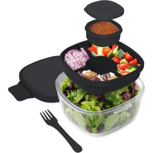 imageBentgo Glass AllinOne Salad Container  Large 61oz Salad Bowl with Lid 4Compartment BentoStyle Tray 3oz Sauce Container and Reusable Fork  Dishwasher Microwave and Oven Safe LavenderBlack Onyx