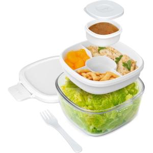 imageBentgo Glass AllinOne Salad Container  Large 61oz Salad Bowl with Lid 4Compartment BentoStyle Tray 3oz Sauce Container and Reusable Fork  Dishwasher Microwave and Oven Safe LavenderWhite
