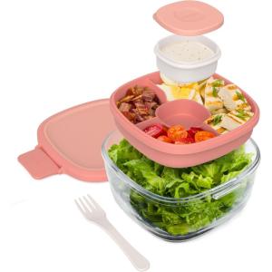 imageBentgo Glass AllinOne Salad Container  Large 61oz Salad Bowl with Lid 4Compartment BentoStyle Tray 3oz Sauce Container and Reusable Fork  Dishwasher Microwave and Oven Safe LavenderCoral