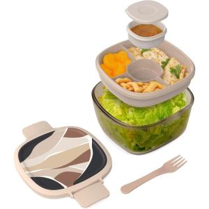 imageBentgo Glass AllinOne Salad Container  Large 61oz Salad Bowl with Lid 4Compartment BentoStyle Tray 3oz Sauce Container and Reusable Fork  Dishwasher Microwave and Oven Safe LavenderInky Abstract  Neutrals