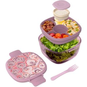 imageBentgo Glass AllinOne Salad Container  Large 61oz Salad Bowl with Lid 4Compartment BentoStyle Tray 3oz Sauce Container and Reusable Fork  Dishwasher Microwave and Oven Safe LavenderFloral Maximalist  Bouquet