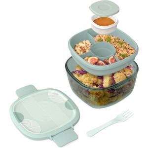 imageBentgo Glass AllinOne Salad Container  Large 61oz Salad Bowl with Lid 4Compartment BentoStyle Tray 3oz Sauce Container and Reusable Fork  Dishwasher Microwave and Oven Safe LavenderMod Curve  Serene Green