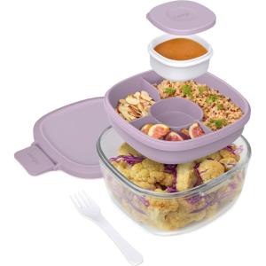 imageBentgo Glass AllinOne Salad Container  Large 61oz Salad Bowl with Lid 4Compartment BentoStyle Tray 3oz Sauce Container and Reusable Fork  Dishwasher Microwave and Oven Safe LavenderLavender