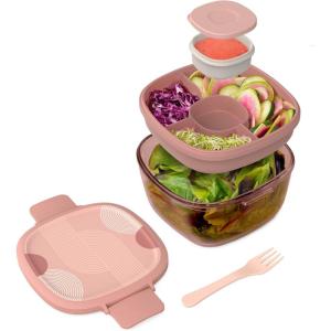 imageBentgo Glass AllinOne Salad Container  Large 61oz Salad Bowl with Lid 4Compartment BentoStyle Tray 3oz Sauce Container and Reusable Fork  Dishwasher Microwave and Oven Safe LavenderMod Curve  Desert Rose
