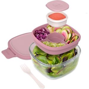 imageBentgo Glass AllinOne Salad Container  Large 61oz Salad Bowl with Lid 4Compartment BentoStyle Tray 3oz Sauce Container and Reusable Fork  Dishwasher Microwave and Oven Safe LavenderRose