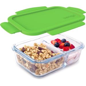 imageBentgo Glass Snack  LeakProof BentoStyle Snack Container with Airtight Lid and Divided 2Compartment Design  175 Cup Capacity for Meal Prepping and PortionControlled Snacking GreenGreen