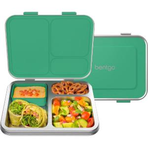 imageBentgo Kids Stainless Steel LeakResistant Lunch Box  3Compartments with Bonus Silicone Container Durable EcoFriendly Dishwasher Safe BPAFree Ideal for School Ages 3 FuchsiaGreen