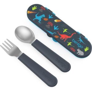 imageBentgo Kids Stainless Steel Utensil Set  Reusable Fork Spoon ampamp Storage Case  HighGrade BPAFree Stainless Steel EasyGrip Handles Dishwasher Safe for School Lunch Travel ampamp Outdoors DinosaurDino