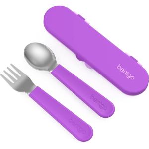 imageBentgo Kids Stainless Steel Utensil Set  Reusable Fork Spoon ampamp Storage Case  HighGrade BPAFree Stainless Steel EasyGrip Handles Dishwasher Safe for School Lunch Travel ampamp Outdoors DinosaurPurple