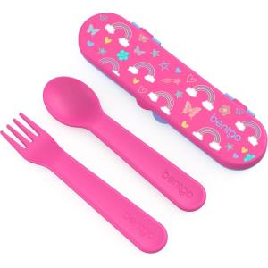 imageBentgo Kids Utensil Set  Reusable Plastic Fork Spoon ampamp Storage Case  BPAFree Materials EasyGrip Handles Dishwasher Safe  Ideal for School Lunch Travel ampamp Outdoors BlueRainbows and Butterflies