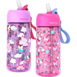 imageBentgo Kids Water Bottle 2Pack  LeakProof Durable Tritan BPAFree 15 oz Cup for KidsToddlers 3 FlipUp Straw Dishwasher Safe for SchoolSportsDaycareCamp Rainbows ampamp ButterfliesFairiesRainbows and Butterflies  Fairies