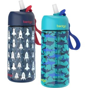 imageBentgo Kids Water Bottle 2Pack  LeakProof Durable Tritan BPAFree 15 oz Cup for KidsToddlers 3 FlipUp Straw Dishwasher Safe for SchoolSportsDaycareCamp Rainbows ampamp ButterfliesFairiesRocket  Shark