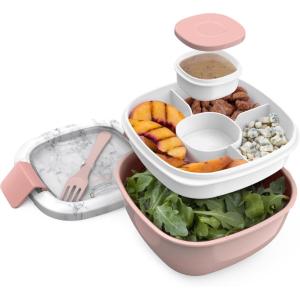imageBentgo Salad Container  54 oz Bowl with 4Compartment Toppings Tray LeakProof Dressing Container Reusable Fork BPAFree Lunch Box for Meal Prep ampamp Food Storage Removable Bento Tray Coastal AquaBlush Marble