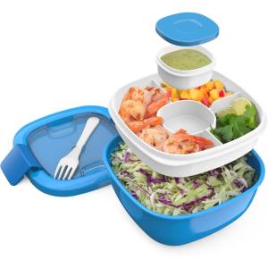 imageBentgo Salad Container  54 oz Bowl with 4Compartment Toppings Tray LeakProof Dressing Container Reusable Fork BPAFree Lunch Box for Meal Prep ampamp Food Storage Removable Bento Tray Coastal AquaBlue