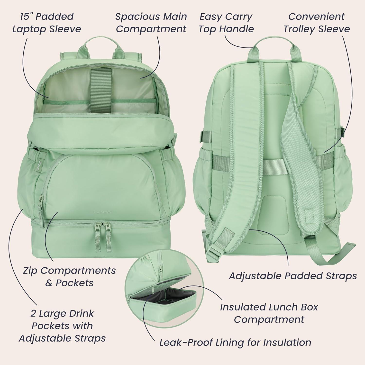 imageBentgo 2in1 Adult Backpack ampamp Insulated Lunch Bag  Lightweight WaterResistant Travel Backpack with 9 Compartments Laptop Sleeve ampamp Trolley Sleeve for Work ampamp Everyday Use Deep TealClay Green