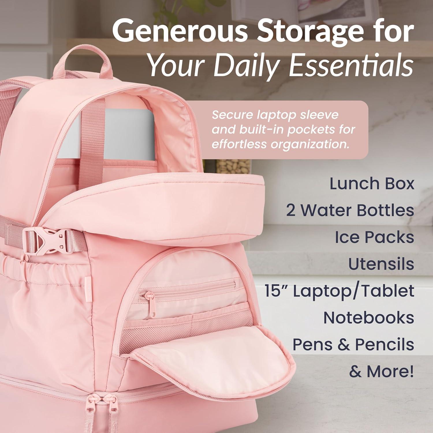 imageBentgo 2in1 Adult Backpack ampamp Insulated Lunch Bag  Lightweight WaterResistant Travel Backpack with 9 Compartments Laptop Sleeve ampamp Trolley Sleeve for Work ampamp Everyday Use Deep TealSoft Blush