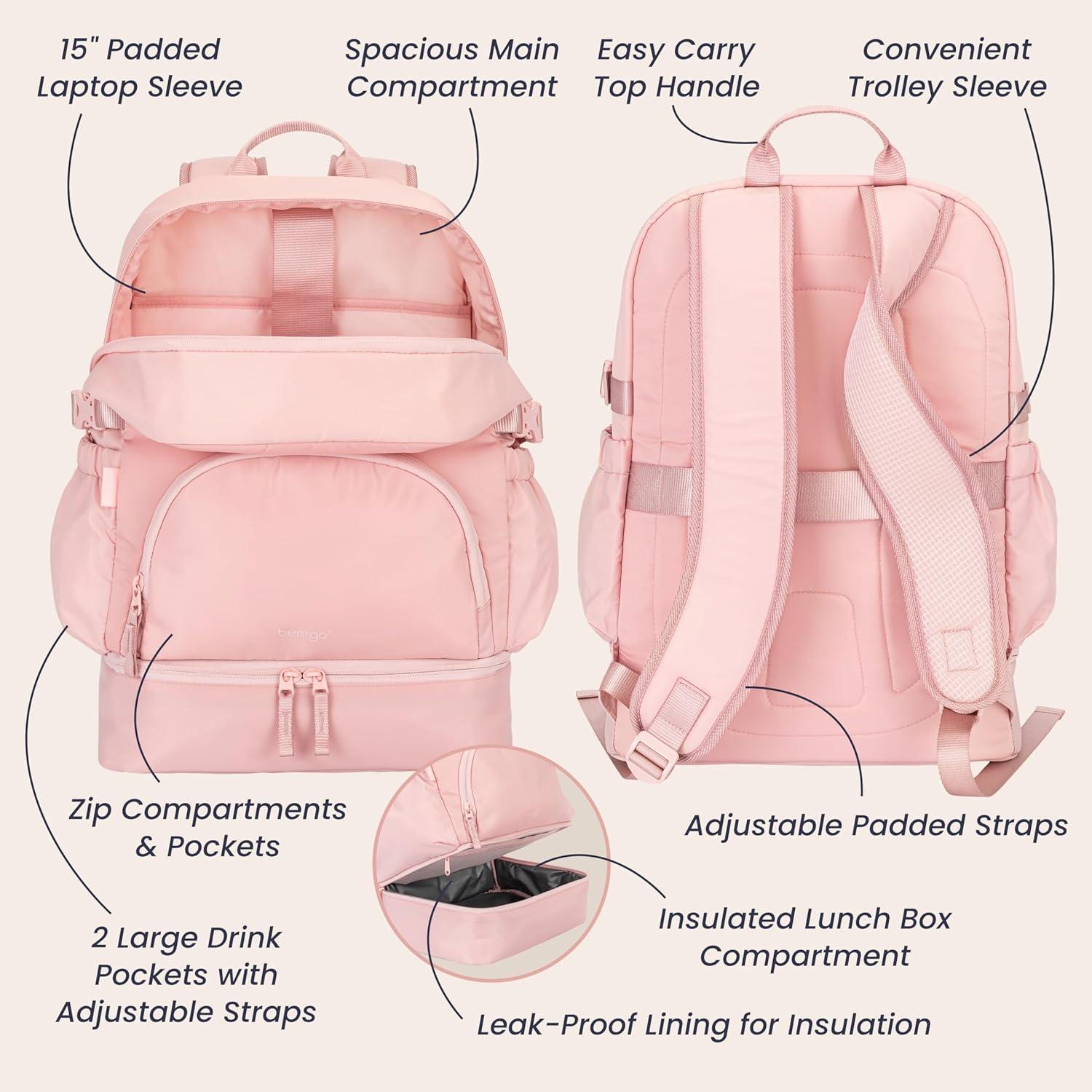 imageBentgo 2in1 Adult Backpack ampamp Insulated Lunch Bag  Lightweight WaterResistant Travel Backpack with 9 Compartments Laptop Sleeve ampamp Trolley Sleeve for Work ampamp Everyday Use Deep TealSoft Blush