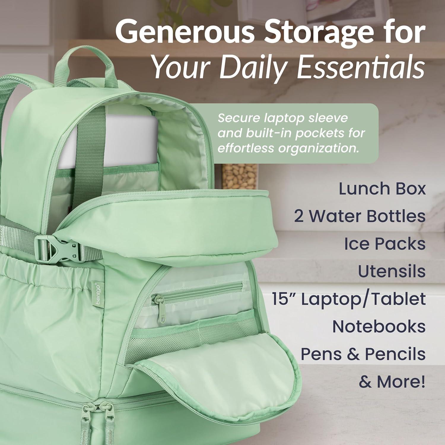 imageBentgo 2in1 Adult Backpack ampamp Insulated Lunch Bag  Lightweight WaterResistant Travel Backpack with 9 Compartments Laptop Sleeve ampamp Trolley Sleeve for Work ampamp Everyday Use Deep TealClay Green