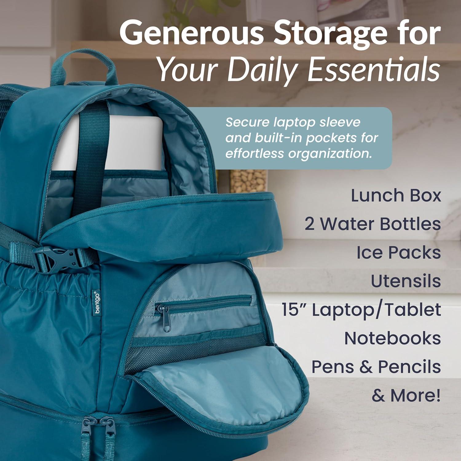 imageBentgo 2in1 Adult Backpack ampamp Insulated Lunch Bag  Lightweight WaterResistant Travel Backpack with 9 Compartments Laptop Sleeve ampamp Trolley Sleeve for Work ampamp Everyday Use Deep TealDeep Teal