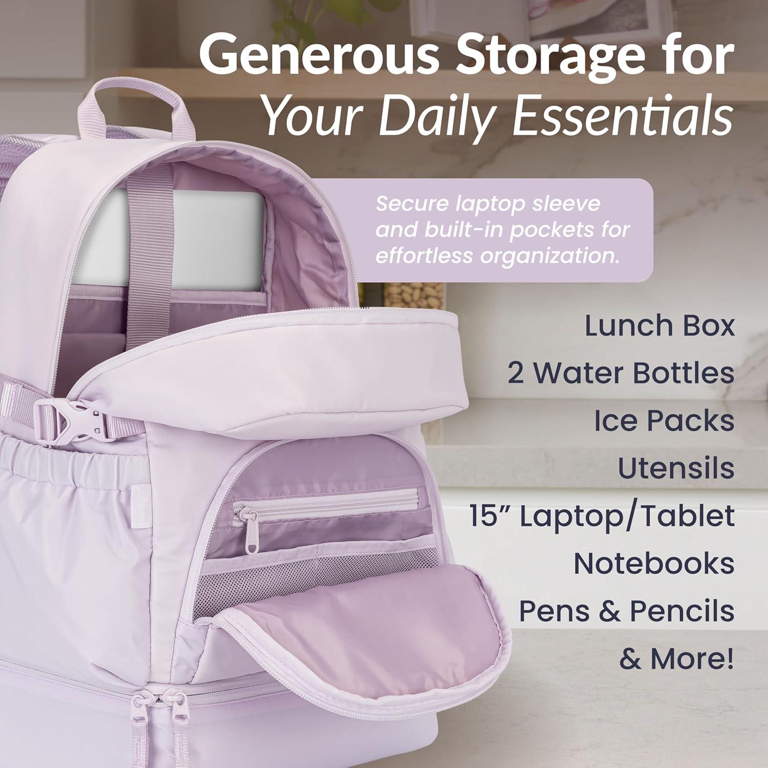 imageBentgo 2in1 Adult Backpack ampamp Insulated Lunch Bag  Lightweight WaterResistant Travel Backpack with 9 Compartments Laptop Sleeve ampamp Trolley Sleeve for Work ampamp Everyday Use Deep TealLavender