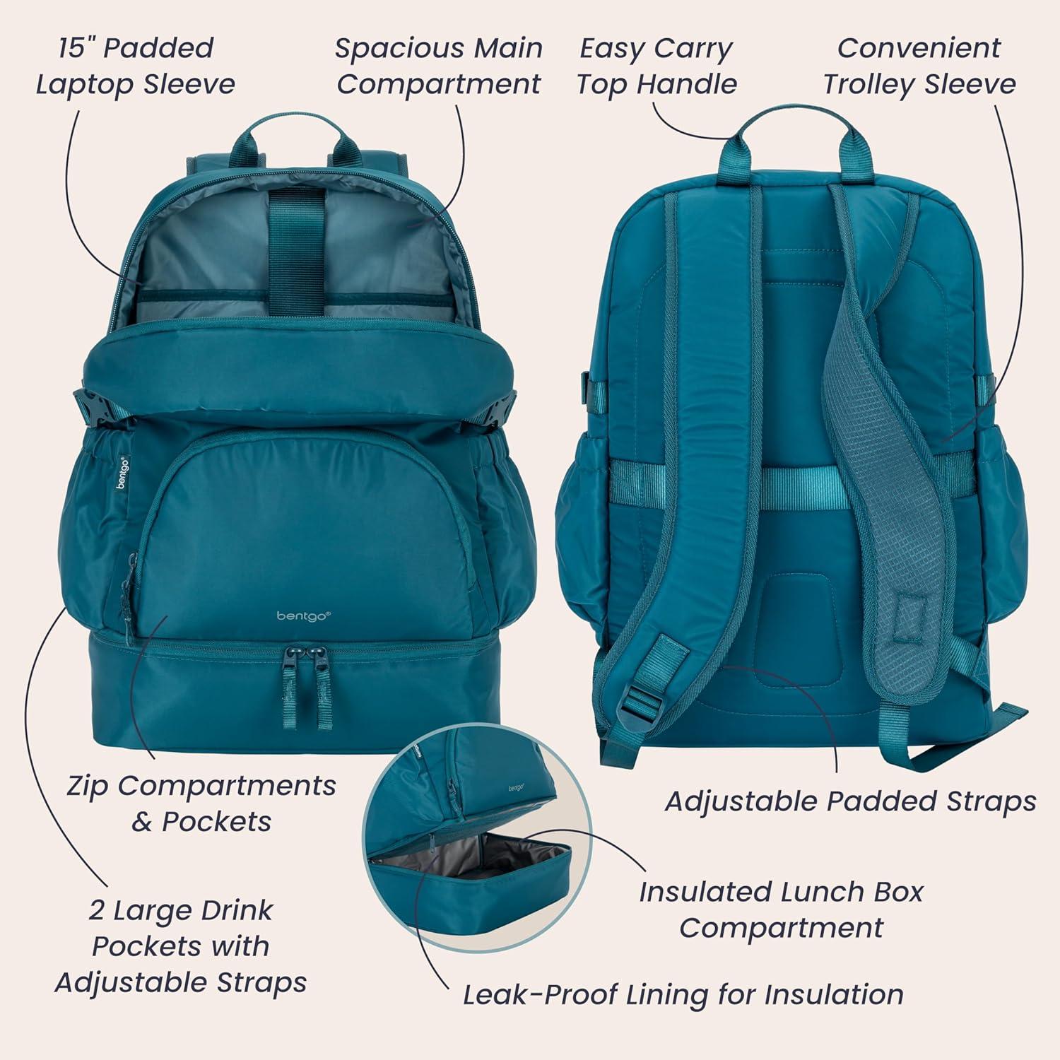 imageBentgo 2in1 Adult Backpack ampamp Insulated Lunch Bag  Lightweight WaterResistant Travel Backpack with 9 Compartments Laptop Sleeve ampamp Trolley Sleeve for Work ampamp Everyday Use Deep TealDeep Teal