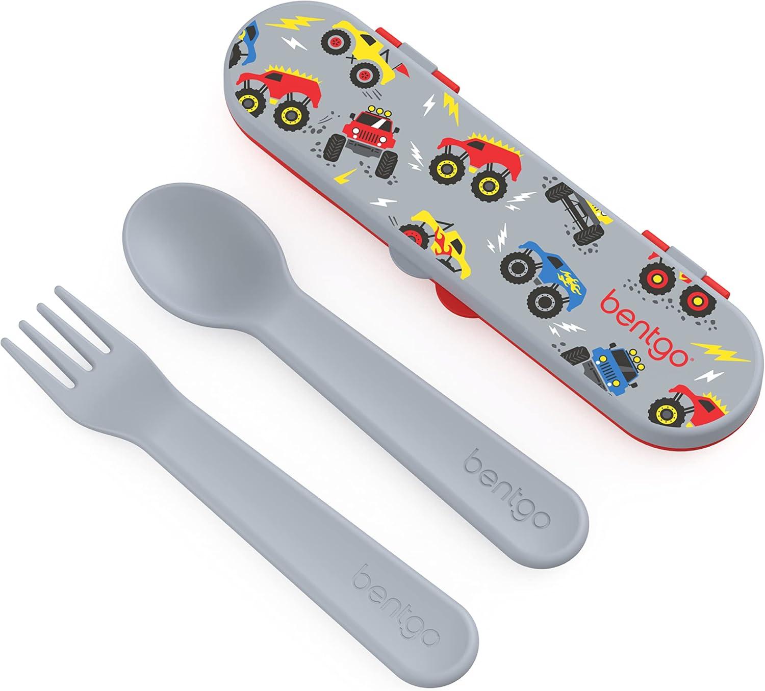 imageBentgo Kids Prints 5Compartment BentoStyle Kids Lunch Box Set with Reusable Plastic Utensils Trucks