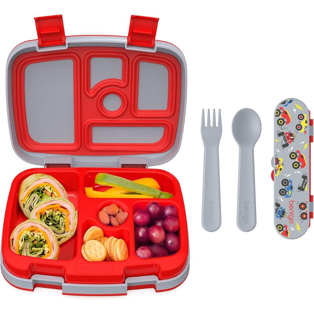 imageBentgo Kids Prints 5Compartment BentoStyle Kids Lunch Box Set with Reusable Plastic Utensils Trucks