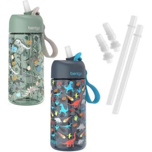 imageBentgo Kids Water Bottle 2Pack  New ampamp Improved 2023 Set With 2Pack of Water Bottle Replacement Straws DinosaurDino Fossils