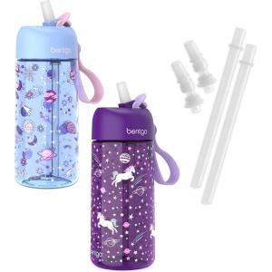 imageBentgo Kids Water Bottle 2Pack  New ampamp Improved 2023 Set With 2Pack of Water Bottle Replacement Straws UnicornLavender Galaxy
